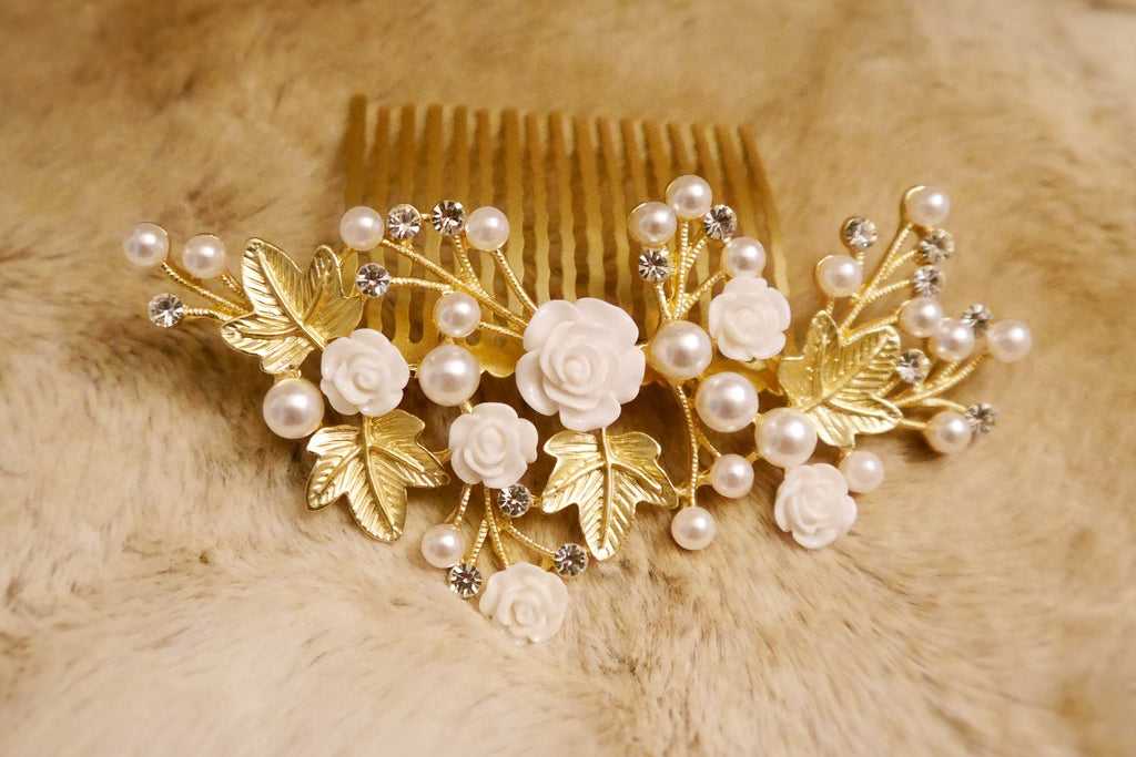 Leaf and pearl bridal hair comb, pearl hair accessories