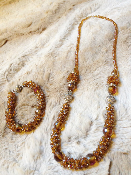 Amber Long Crystal Necklace Set, Transformable to Bracelet, Rhinestone Necklace, Rhinestone Bracelet