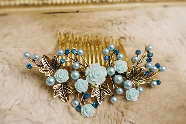 Gold Bridal Hair Accessory Blue Rose Pearl, Hair Combs Home-coming Bride Maid