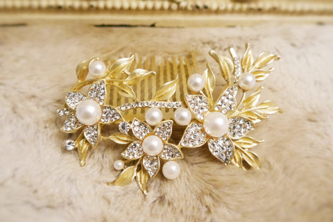 Gold Bridal Wedding Hair Accessories Rhinestone Pearl, Hair Combs Home-coming