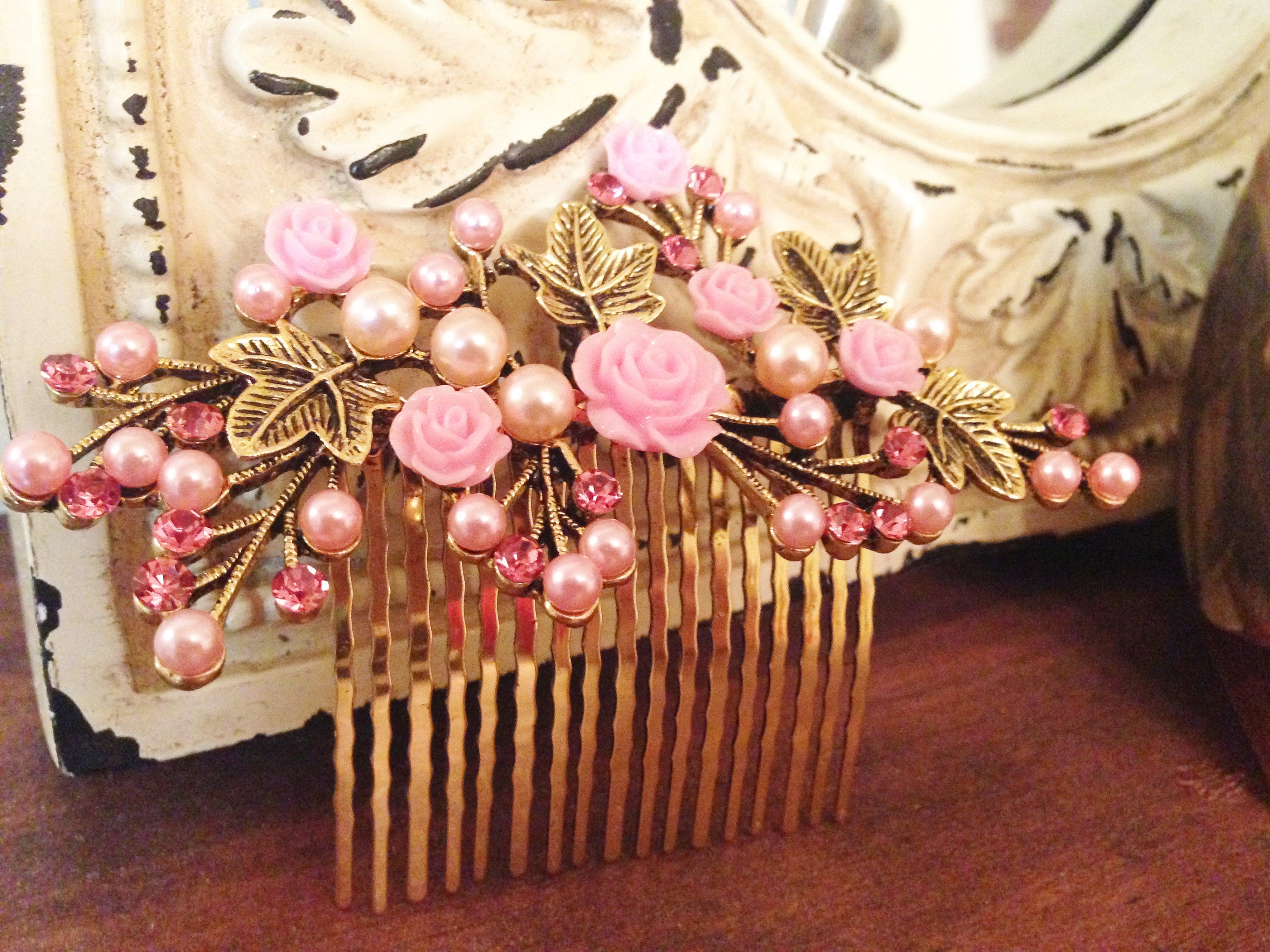 Sale! Pink Flower Hair Accessory, Pearl Hair comb, Gold hair 