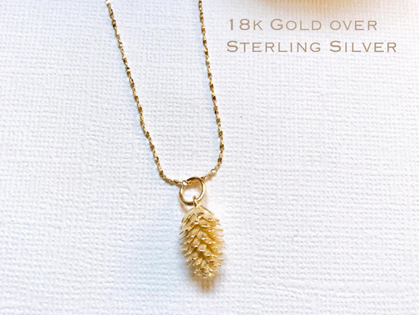 Gold over Sterling Silver Pine cone necklace, Silver Pinecone necklace, Bridesmaid jewelry, Tiny Pine cone necklace, Dainty Gold necklace