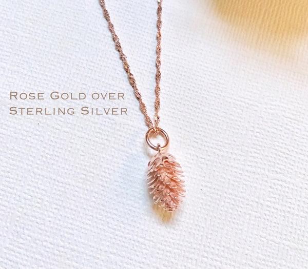 Rose Gold over Sterling Silver Pine cone necklace, Silver Pinecone necklace, Bridesmaid jewelry, Tiny Pine cone necklace, Pine cone necklace