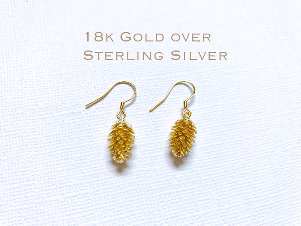 Gold over Sterling Silver Pine cone earrings, Silver Pinecone earrings, Bridesmaid jewelry, Tiny Pine cone earrings