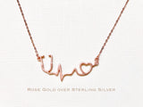 Rose Gold over Sterling Silver stethoscope necklace, heartbeat necklace, EKG necklace